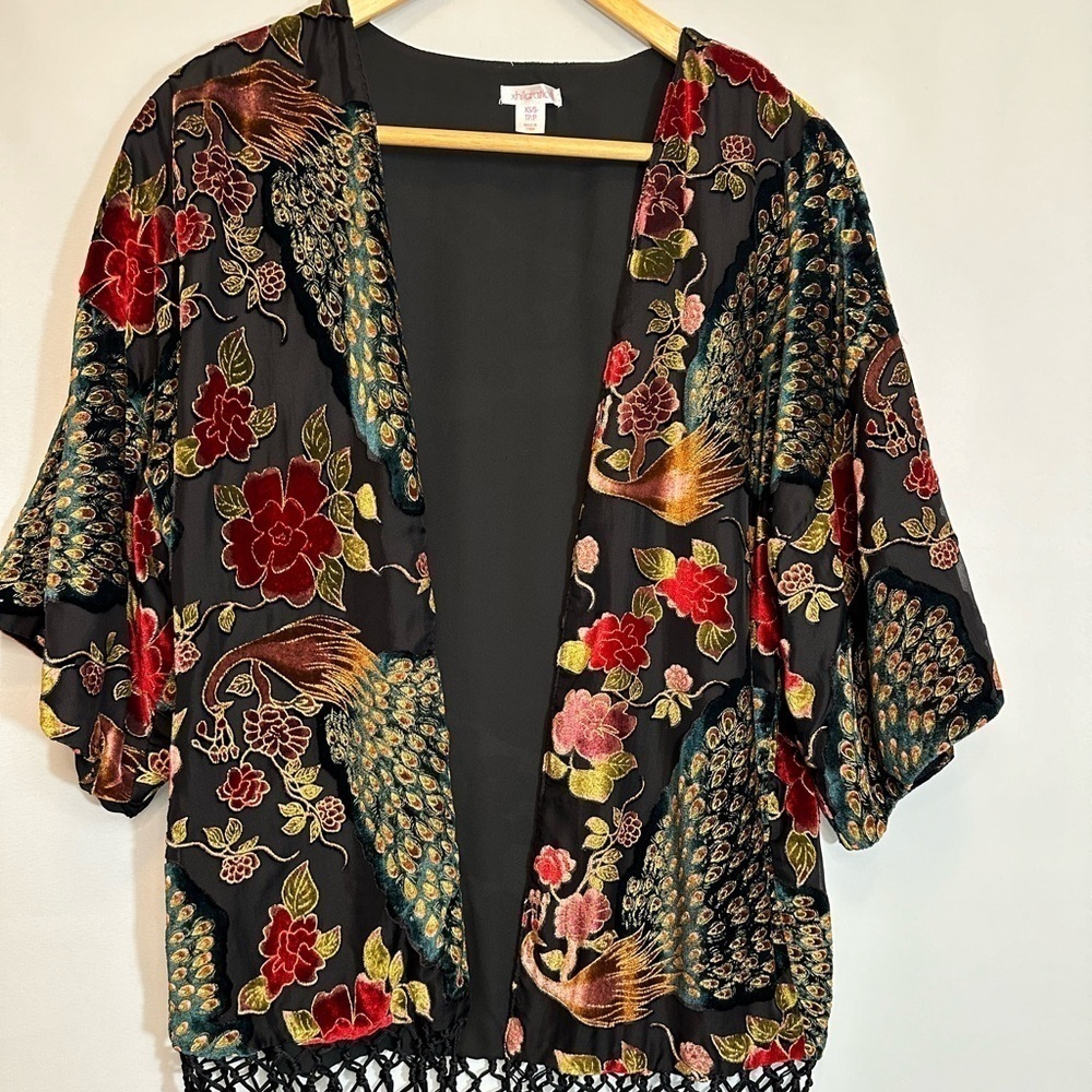 Xhilaration Womens Kimono Floral Peacock Burnout Velvet Petite XS/S TP/P Boho